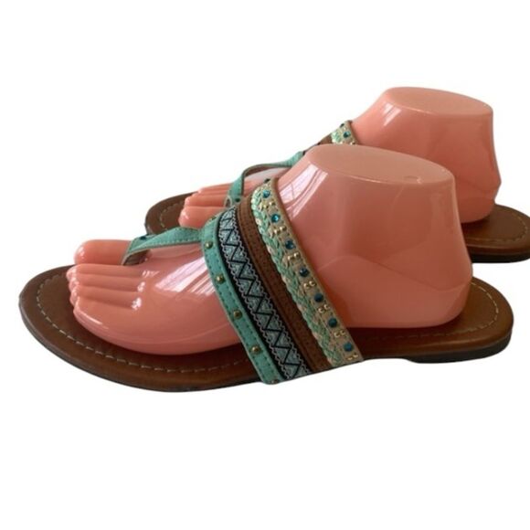 Aloha Island Sz 10M Turquoise Blue Brown Embellished Thong Sandals Slides Shoes - Picture 4 of 8